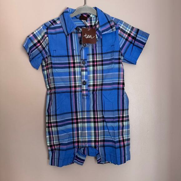 Tea Collection Other - Tea Collection Boys Blue Plaid Collared Shirt One Piece Romper 12-18 Month New